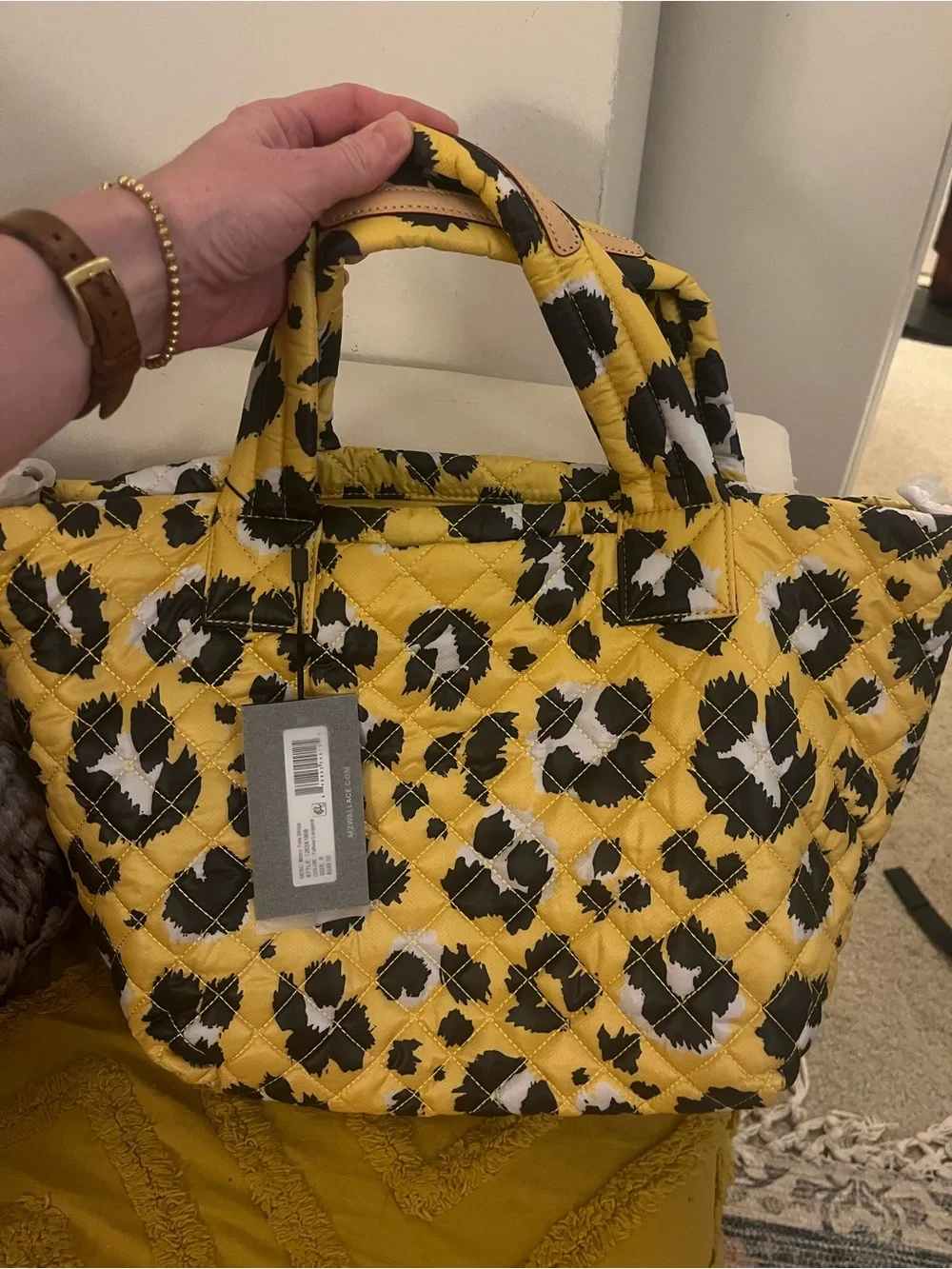 MZ Wallace Yellow Quilted Leopard-Print Tote Bag with Shoulder Strap - Picture 3 of 12